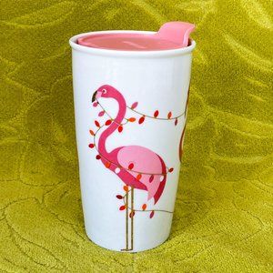 Davids Tea Twisted Pink Flamingo Ceramic Christmas Lights Travel Tumbler Mug Lid